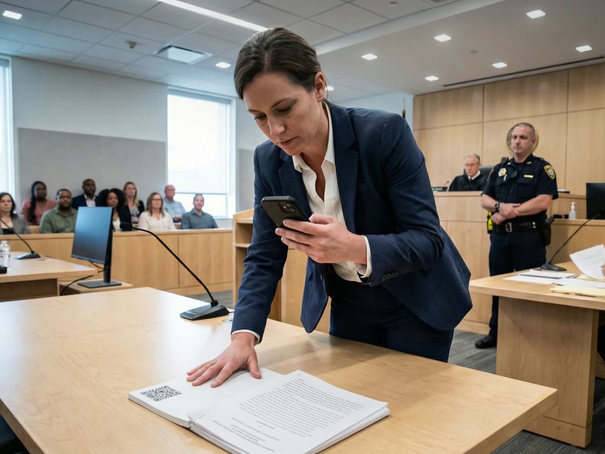 A lawyer in a courtroom photographing a document on the table with a phone, an officer and the gallery behind