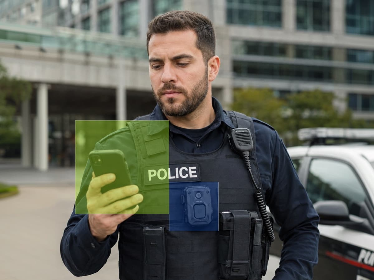 An officer wearing a body worn camera, looking at a phone held up in front of them