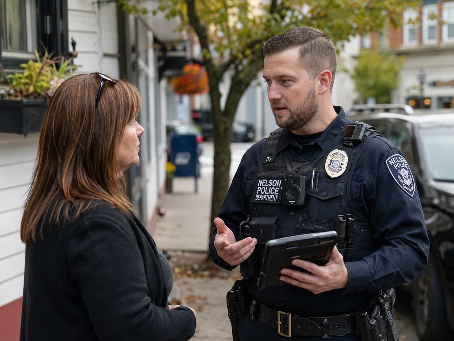 A Nelson Police officer holding a tablet, talking with a resident on a residential street