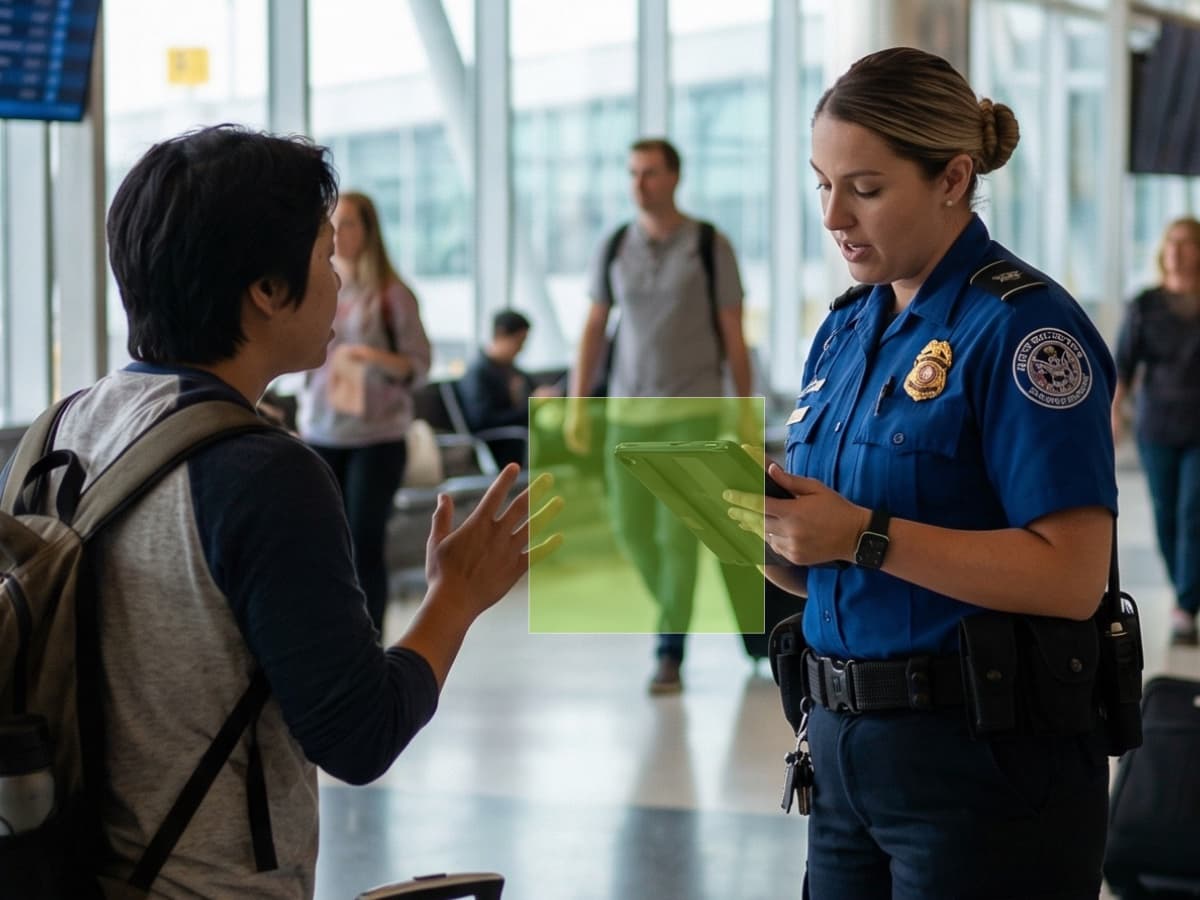 A screening officer at an airport checkpoint speaking with a traveller