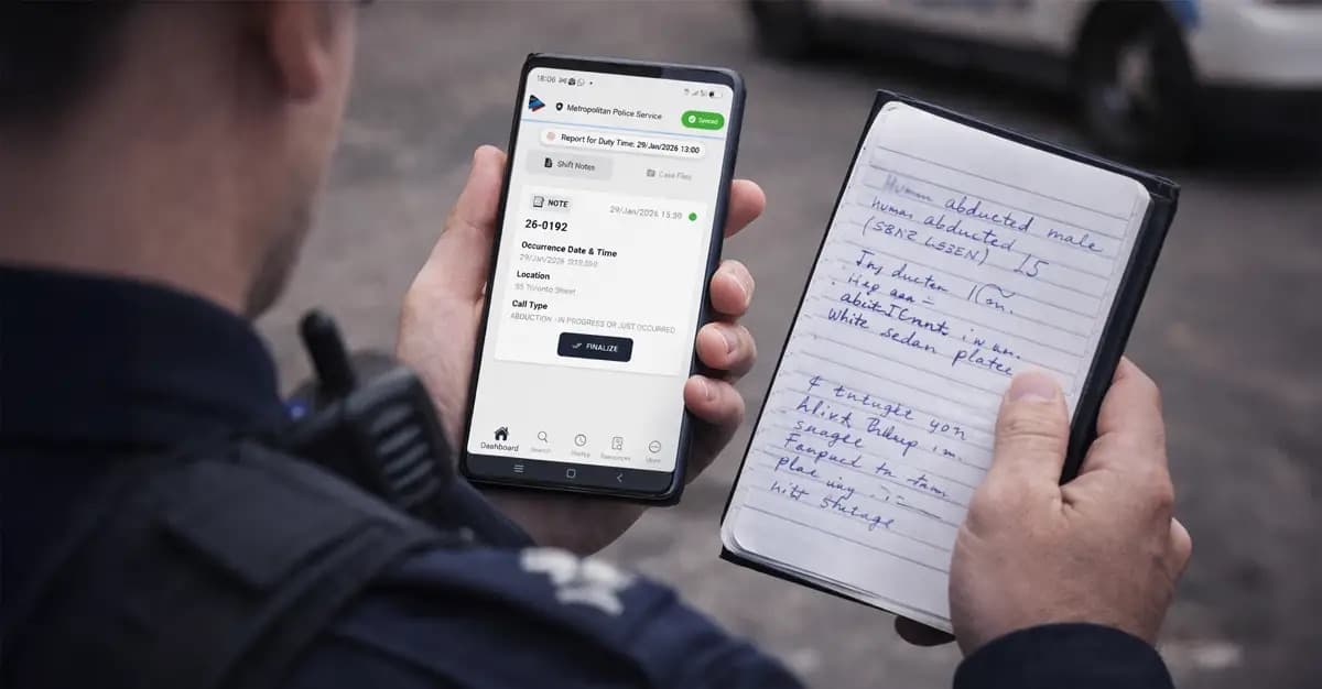 An officer holding a phone showing eNotes in one hand and an open handwritten notebook in the other
