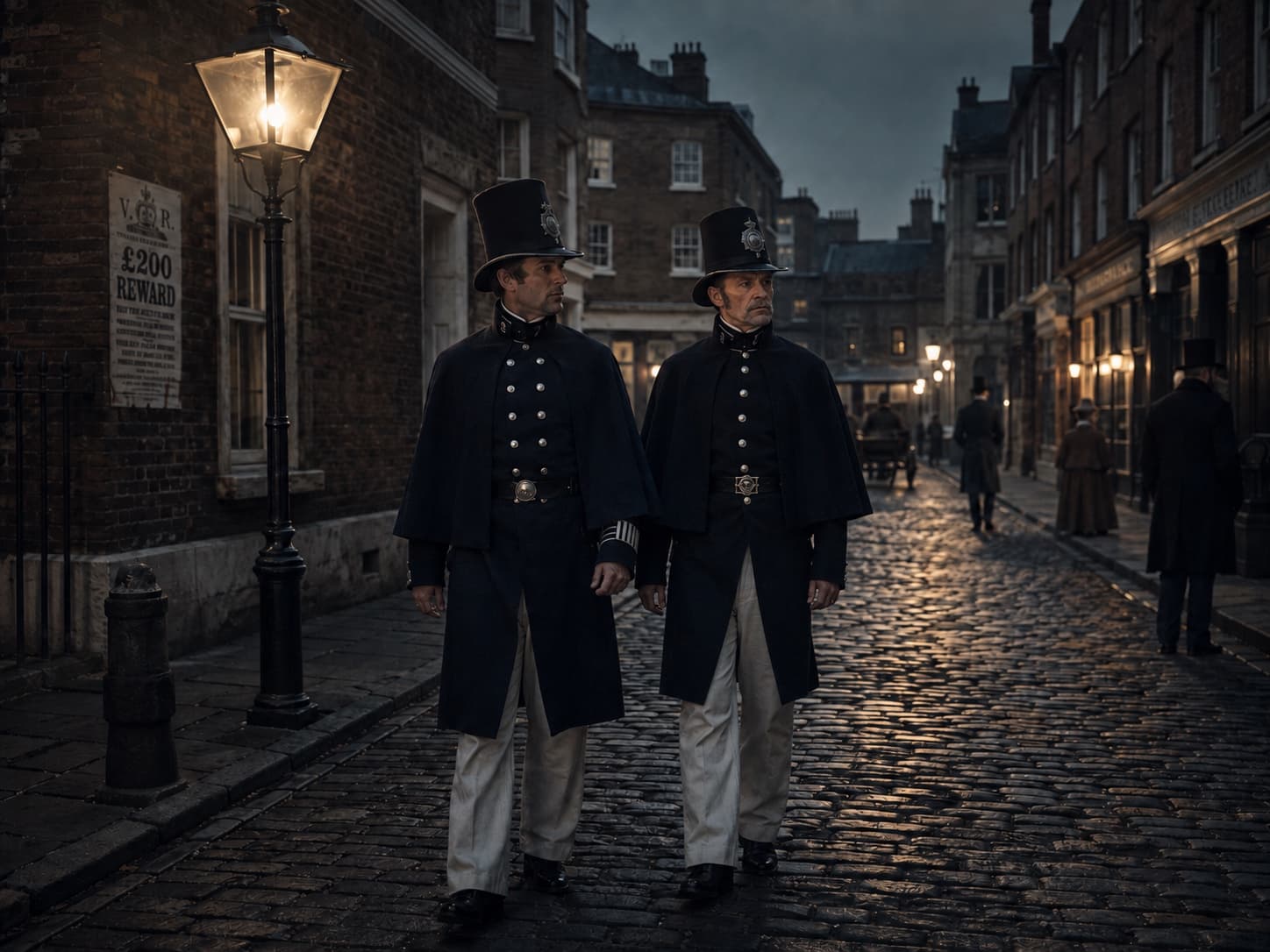 Two Victorian constables in top hats walking a gas-lit cobbled street