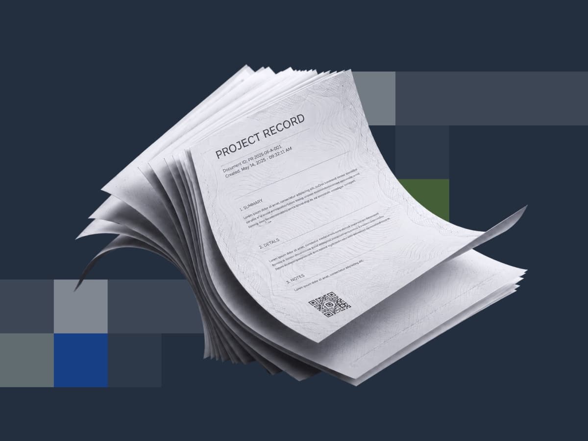 A thick stack of printed records headed Project Record, the top sheet carrying a QR code