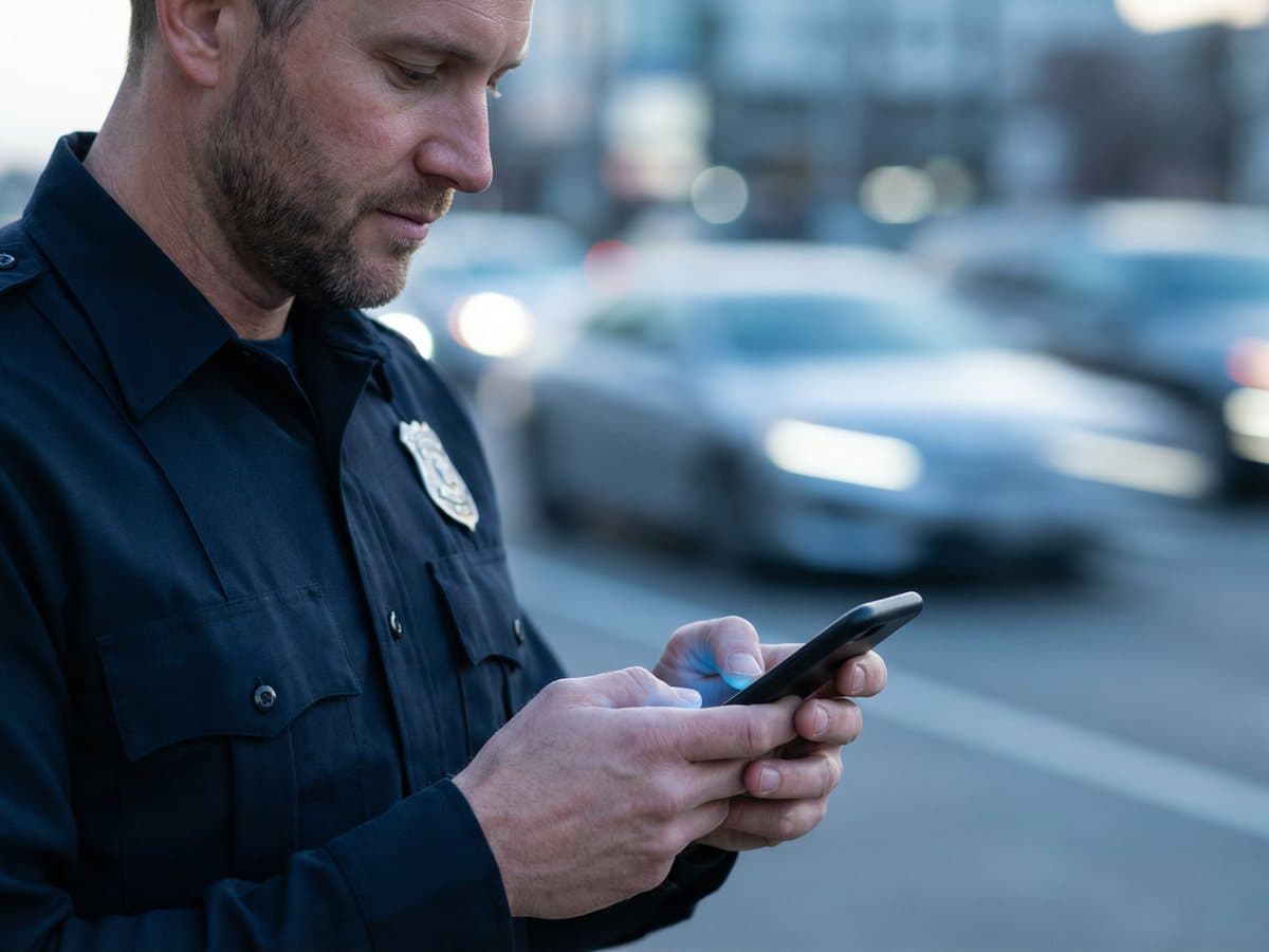 A uniformed officer standing at the roadside, writing a note on a handheld device while traffic passes behind