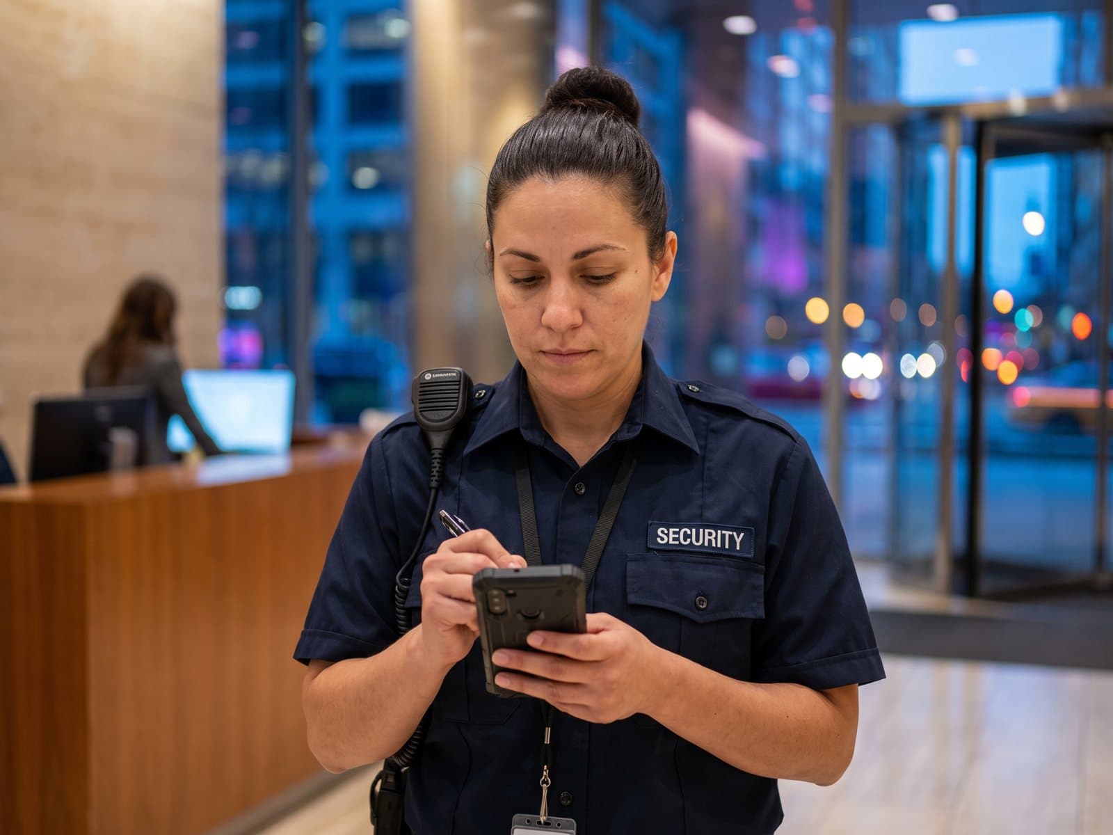 A security officer writes a note on a phone while walking through an office tower lobby at dusk.