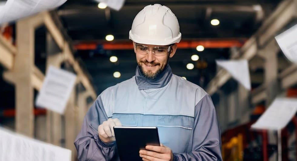 A field inspector in a hard hat recording an inspection on a tablet, with paper records scattering around him