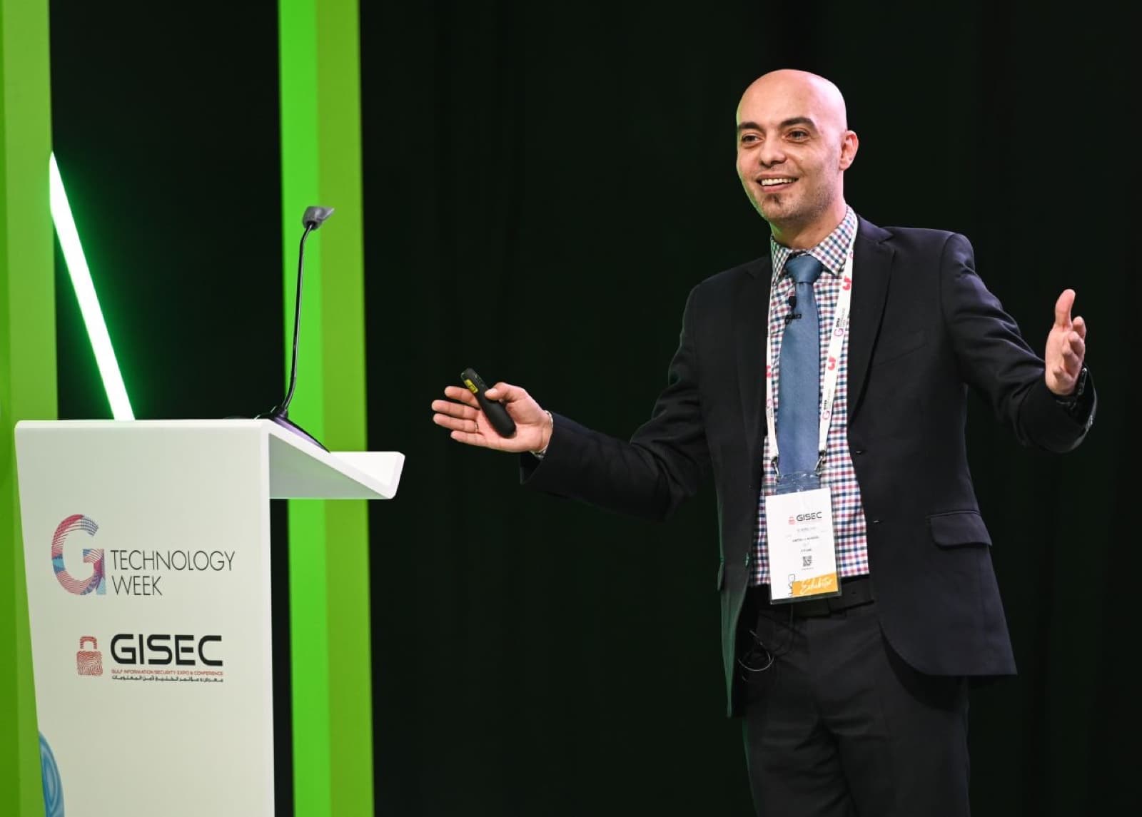 Laith Alkhouri speaking on stage at GISEC, part of Dubai's GITEX Technology Week