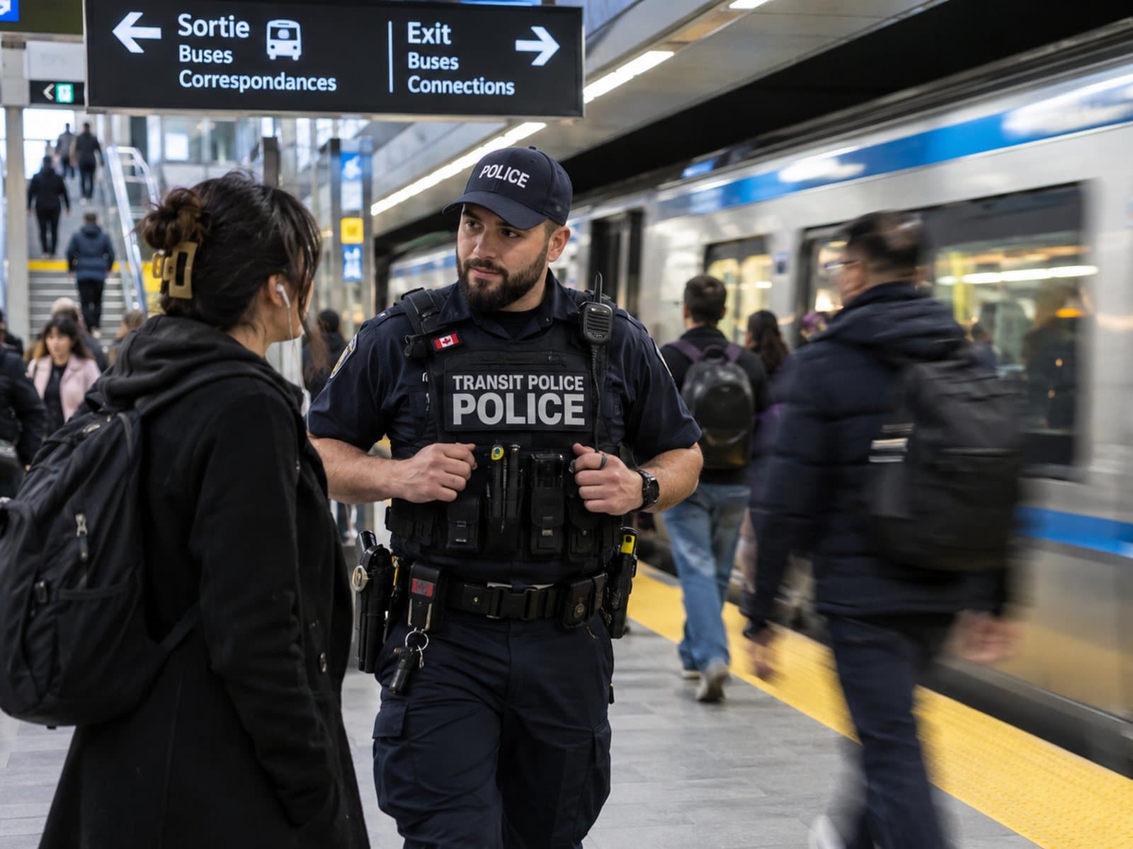 A transit police officer walks a busy subway platform as a train pulls in behind him.