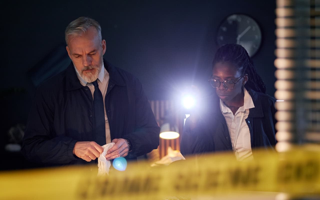 Two detectives examine a crime scene by flashlight, inside the police tape.